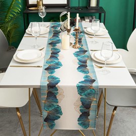 Kiatuniya Table Runner Modern Blue Green Petrol Gold Ginkgo Biloba Autumn Living Room Decoration Turquoise Vintage Table Decoration Dining Table Country Style Winter Table Runner for Holiday Party