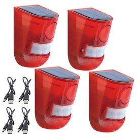 QXMH Solar Sound & Light Alarm Outdoor Motion Sensor, 129db Siren Sound Alert, 6LEDs Flash Warning Security Alarm System, Outdoor Dog Baking Security Siren Waterproof for Villa, Farm.4 PCS