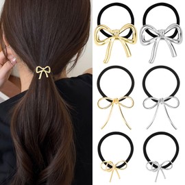 KICOSY 6PCS Bow Hair Ties for Women Gold Silver Hair Ties Cute Bowknot Hair Bands Stretchy Metal Ponytail Holder Hair Accessories