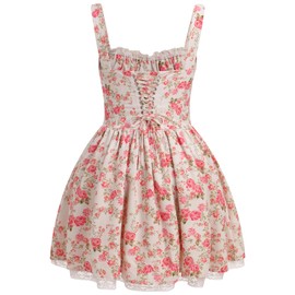 EFOGEP Women?s Floral Printed Corset Dress Spaghetti Strap Flare Summer Midi Dress Lace Trim Cami Dress Flowy Sundress Pink Floral XL