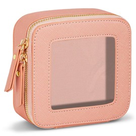 FDEETY Small Single Sided Transparent Cosmetic Bag Mini Make Up Bag Women's Travel PU Leather Waterproof Toiletry Bag Storage Bag Travel Bag Organiser with Zip, pink