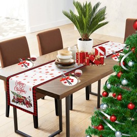 Merry Christmas Table Runner 13"x72" Red Truck SantaClaus Snowman Buffalo Check Plaid Table Runners Seasonal Winter Xmas Holiday Kitchen Dining Table Decoration for Indoor Outdoor Home Party Decor