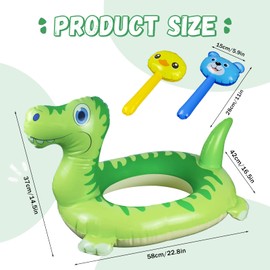 Aruatu 3 Pack Pool Inflatables for Minors, Dinosaur Rubber Ring with 2 Pcs 10Inch Pneumatic Hammer Durable Swimming Ring Pool Floats Toys for Summer Beach Water Sports Party
