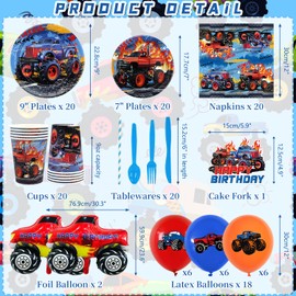 LSJDEER Monster Truck Birthday Party Supplies, Monster Truck Party Decorations Set Including Backdrop, Plates, Cups, Napkins, Tablecloth, Balloons for Children Birthday Party