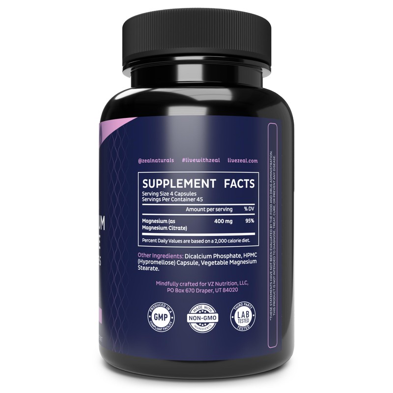 Zeal Premium Chelated Magnesium Citrate (400mg | 180 Capsules)