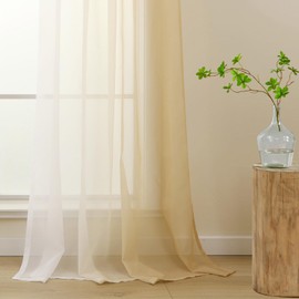 L.Z.E Curtains Colour Gradient with Ruffle Tape Curtain Beige White for Living Room Children Girls Bedroom Window Transparent Set of 2 Voile Curtains Scarf 140 x 225 cm Long (LZE2220T-BG225)
