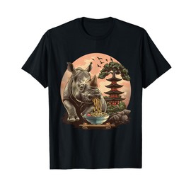 Rhino Eating Ramen Pagoda Tower Bonsai Tree Animal Art T-Shirt
