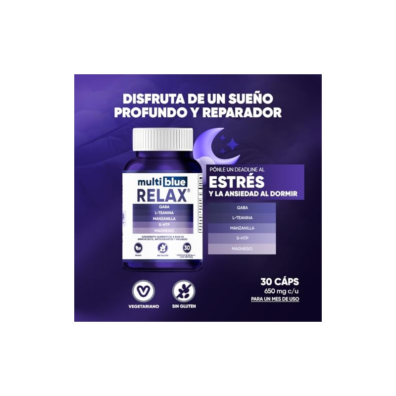 Multiblue Relax Fórmula Glicinato Magnesio Gaba Teanina Manzanilla 5htp Vitaminas