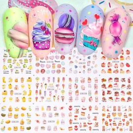 12 Sheets Donut Ice Cream Candy Nail Art Stickers Cute Water Transfer Nail Decals Spring Summer Nail Decals Colorful Holiday Nail Art Supplies for Women Nail Decorations