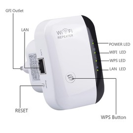 WLAN Amplifier, WLAN Repeater 300 Mbit/s 2.4 GHz, WiFi Extender Booster, WiFi Amplifier with Repeater/AP Mode and WPS Function