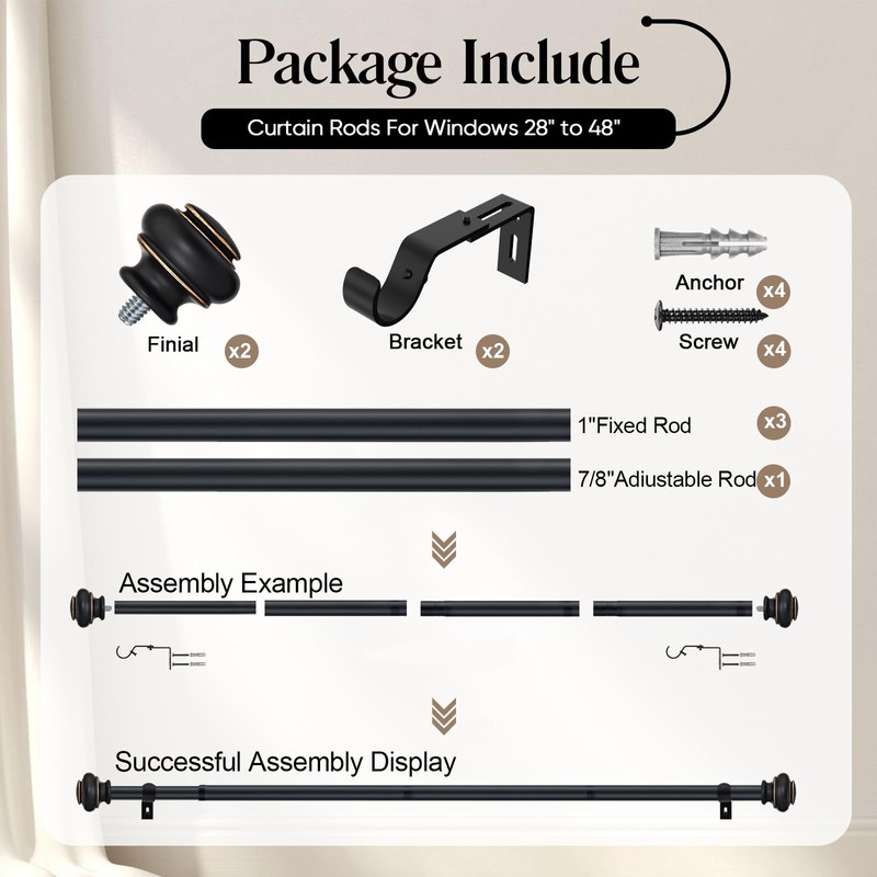 Heavy Duty Curtain Rods for Windows 28 to 48 Inches,