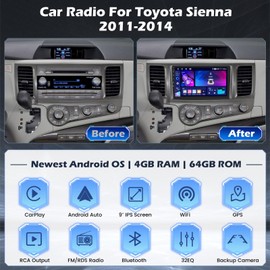 [4+64G] Hikity Android 15 Car Stereo for Toyota Sienna 2011 2012 2013 2014 with Wireless Carplay Android Auto, 9'' IPS Touch Screen Radio Bluetooth Mirror Link GPS WiFi SWC AI DSP/FM/RDS/EQ Backup Cam