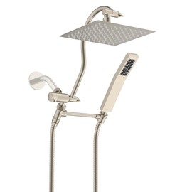 Hibbent All Metal Shower Head, 8 Inch High Pressure Rain Shower Head, Showerhead Combo, 12'' Adjustable Curved Shower Extension Arm, 71'' Hose, 2 Shower Head Holders, Brushed Nickel