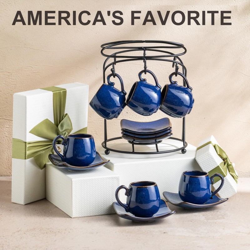 LYEOBOH 3oz Espresso Cups with Saucers, Small Coffee Cups Set