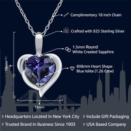 Gem Stone King 925 Sterling Silver Blue Iolite and White Created Sapphire Heart Shape Pendant Necklace For Women (1.26 Cttw, Heart 8MM, Gemstone Birthstone, with 18 Inch Chain)