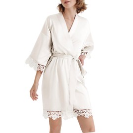 SIORO Women's Satin Lace Robe, Short Kimono Bathrobe, V-Neck Sleepwaer with Pockets, 3/4 Sleeve Silk Nightgown for Wedding Party, Bride & Bridesmaids
