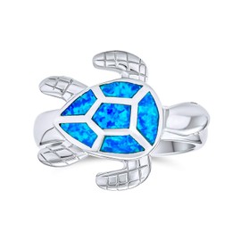 Bling Jewelry Sterling Silver Synthetic Blue Opal Inlay Nautical Sea Turtle Ring