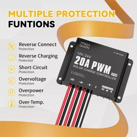 Power Queen 12V/24V 20A PWM Waterproof Solar Charger Controller for LiFePO4/AGM