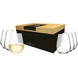 Libbey Signature Greenwich Stemless Wine Glasses, 18-Ounce, Set of 6, Made in USA, Dishwasher Safe, Angular Modern Stemless Glassware, Gift Box