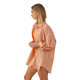 Cotton On Body Women's Sunset Peach Stripe Swing Beach Shirt Oversized Fit Sz S