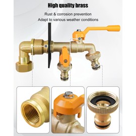 Upgraded Brass Garden Water Spigot Kit, Outdoor Garden Double Taps Water Faucet with Two 3/4 inch Brass Ball Valves, Designed for Use in Garden Without Outdoor Faucet, Indoor-to-Outdoor Water Access