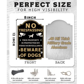 Beware of Dogs Sign 2-Pack – 12 x 8" Metal Signs – No Trespassing with Video Surveillance Warning – Reflective Rust-Free Aluminum, Weatherproof UV Protected for Outdoor Yard Fence Gate Wall Use