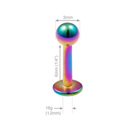 4pc 16g 1.2mm Stainless Steel Labret Bar Rainbow Lip Rings Earrings 3mm Ball Tragus Helix 6mm + 2pc Retainer Keepers