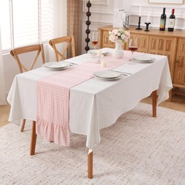 Blush White Plaid Gingham Ruffle Table Runner 72 inches Long 100% Washed Cotton Decorative Farmhouse Cabinet Cover (Blush, 72"x13")