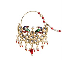 Bindhani Royal Rajwada Look Gold Toned Kundan Meenakari Peacock Indian Bollywood Nath Nose Ring Jewelry For Women