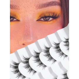 Manga Lashes Wispy False Eyelashes Natural Look 14mm Cat Eyelashes Anime Lashes 0.1mm Thin Band Manhua Lashes 3D Volume Strip Lashes Pack C Curl Eyelashes 7 Pair Siligli
