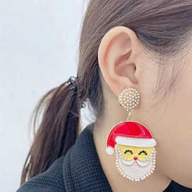 Pearl Santa Claus Dangle Stud Earrings Beaded Balls Pearls Cubic Zirconia Christmas Earring Dangling Drop Statement Earring Studs Bohemian Festive Holiday Jewelry Gifts for Women Girls Xmas BFF
