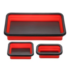 HARFINGTON 3pcs Collapsible Magnetic Parts Tray Set 3 Different Size Foldable Small Metal Parts Tool Tray Rectangle Silicone Bowls for Fixing Screw Bolts Nuts Washers Pins, Red