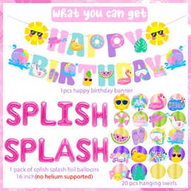 Splish Splash Birthday Decorations Foil Balloons Pool Birthday Party Banner Summer Pool Party Hanging Swirls for Girls Summer Pool Beach Birthday Party Hawaiian Luau Tropical Party Decorations