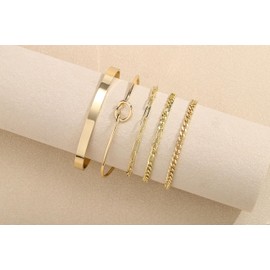 PiercingJak 5 Pieces Bracelets Women's Gold Set, 14 K Gold-Plated Bracelet, Cuffs, Cuban Paper Clip, Figaro Chains, Bracelets, Adjustable Stacking Bracelets, Fashion Jewellery for Women and Girls, 14K