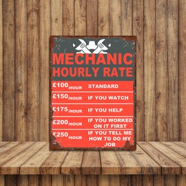 Mechanic Hourly Rate Funny Garage Sign Theme Retro style metal tin sign/plaque (10" x 8")