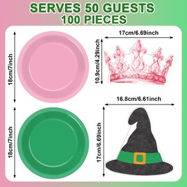 100 Pcs Pink And Green Party Supplies Set Crown Witch Hat Shape Napkins Witch Plates And Napkins Disposable Paper Tableware Set For Women Girls Party Birthday And Baby Shower Decorations