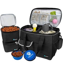PetAmi Dog Travel Bag | Airline Approved Tote Organizer with Multi-Function Pockets, Food Container Bag and Collapsible Bowl | Perfect Weekend Pet Travel Set for Dog, Cat (Black, Small)
