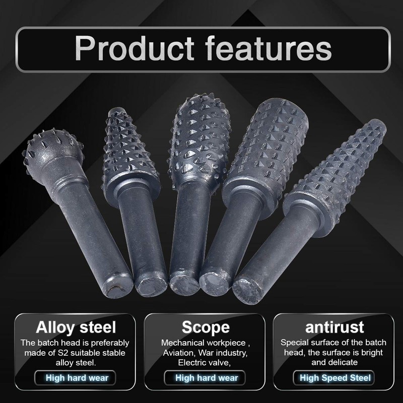 KATUR Rotary Burr Rasp Set, 5pcs 1/4'' 6mm Shank Wood