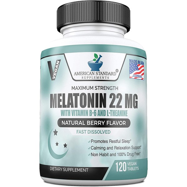 Melatonin 22mg Per One Tablet with Vitamin B6 & L-Theanine, 120 Fast Dissolve Tablets with Natural Berry Flavor, Sleep Aids, Alternative to Melatonin Gummies, Non-Habit Forming, Vegan, Non GMO