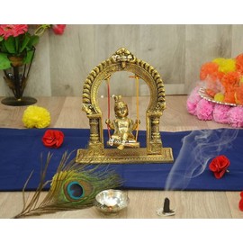 Ladoo Gopal Swing/ Metal Krishna Sitting jhula and Decorative Statue/Laddu Gopal Jhula Jhoola/Krishna Idol on Swing for Temple Pooja Puja Office Showpiece/ Home Decor& Gift Item Size:- (8"X12")