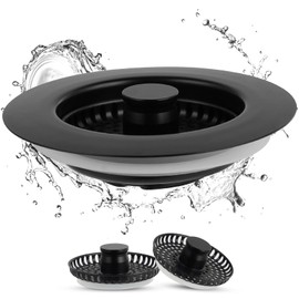 iFealClear Kitchen Drain Stopper with 2 basket, 3-in-1 Kitchen Plug Strainer, Universal Stainless Steel Replacement for Food Waste Catcher, Suitable for Sinks Hole 70-86mm,Depth > 22mm(Black)