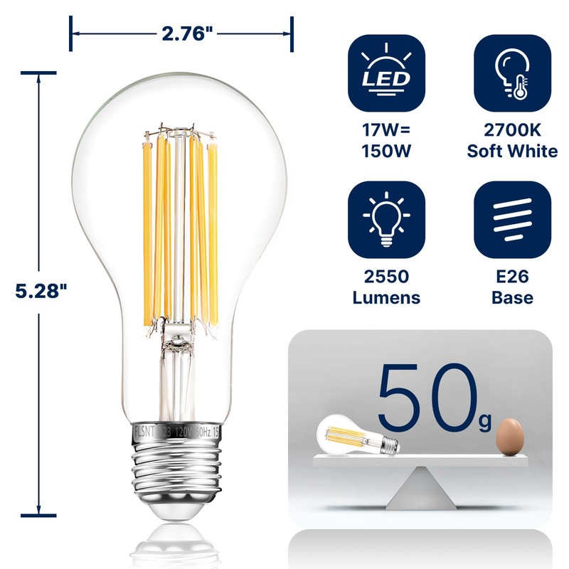 FLSNT 150W Equivalent A23 LED Light Bulbs, Efficient 17W, 2550Lumens,