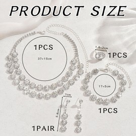 YSDYY 4 Pieces Women'S Fashion Jewelry, Double Layer Rhinestone Flower Necklace, Layered Bracelet, Rhinestone Jewelry Set For Parties, Celebrations And Weddings