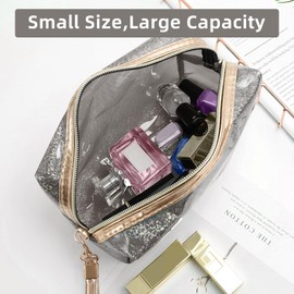 Clear Makeup Bag, Small Clear Toiletry Bag for Travel, Cosmetic Makeup Organizer Bags with Handle Zipper, Plastic PVC Pouch Transparent Zip for Purse Reusable TSA Approved Quart Size Gray