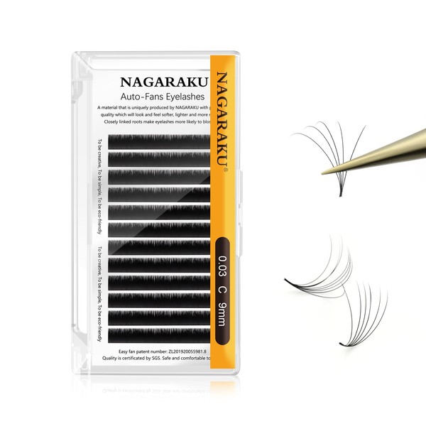 NAGARAKU Russian Volume 3D, 4D, 5D-20D, Lightly Dense, Easy Fan Eyelash Extensions, Artificial Eyelashes, 12 Rows, Black (0.03 mm Thickness C Curl, 9 mm)