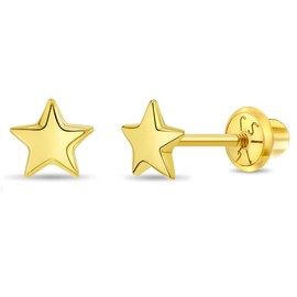 14k Yellow Gold Puffed Star Screw Back Earrings For Toddlers & Little Girls - Small Star Shaped Girl Earrings - Polished Safety Screw Back Girl Earrings For Young Girls