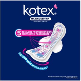 Kotex Maxi Nocturna con Alas, Toalla Femenina, Paquete con 30 Toallas, Ideal para flujo Maxi Abundante y Extra Protección Trasera