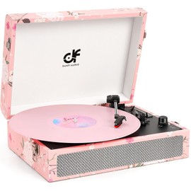 Vinyl Record Player Bluetooth with Built-in Speakers, Vintage Portable Suitcase Turntable 3-Speed with USB Recording Headphone/RCA/AUX Jack for Muisc Record Player Pink Floral