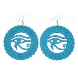 Generic Teri's Boutique Eye of RA God of the Sun Round Circle Wood Engraved Egyptian Fashion Women Drop Earrings (Aqua), Small