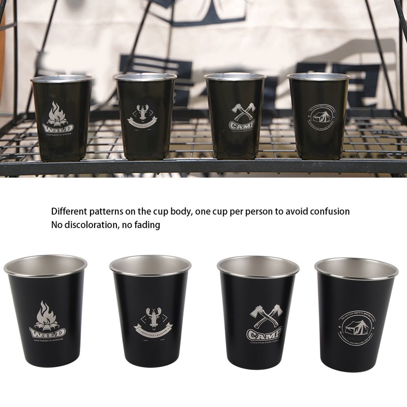 4pcs Camping Cups Black 350ml Outdoor Camping Portable Stainless Steel